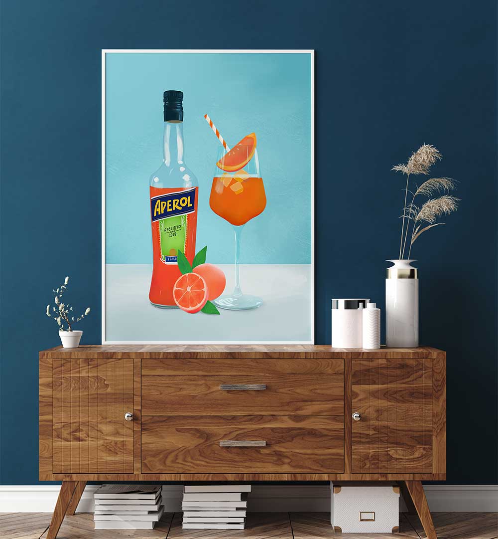 APEROL SPRITZ , BAR art: bottle and orange cocktail on a wooden sideboard