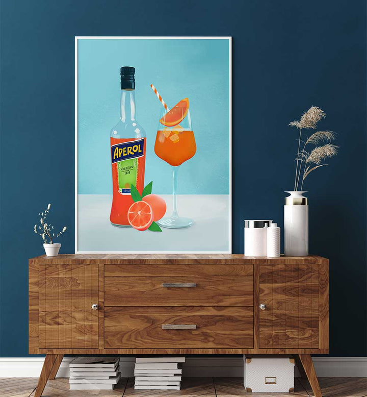 APEROL SPRITZ , BAR art: bottle and orange cocktail on a wooden sideboard