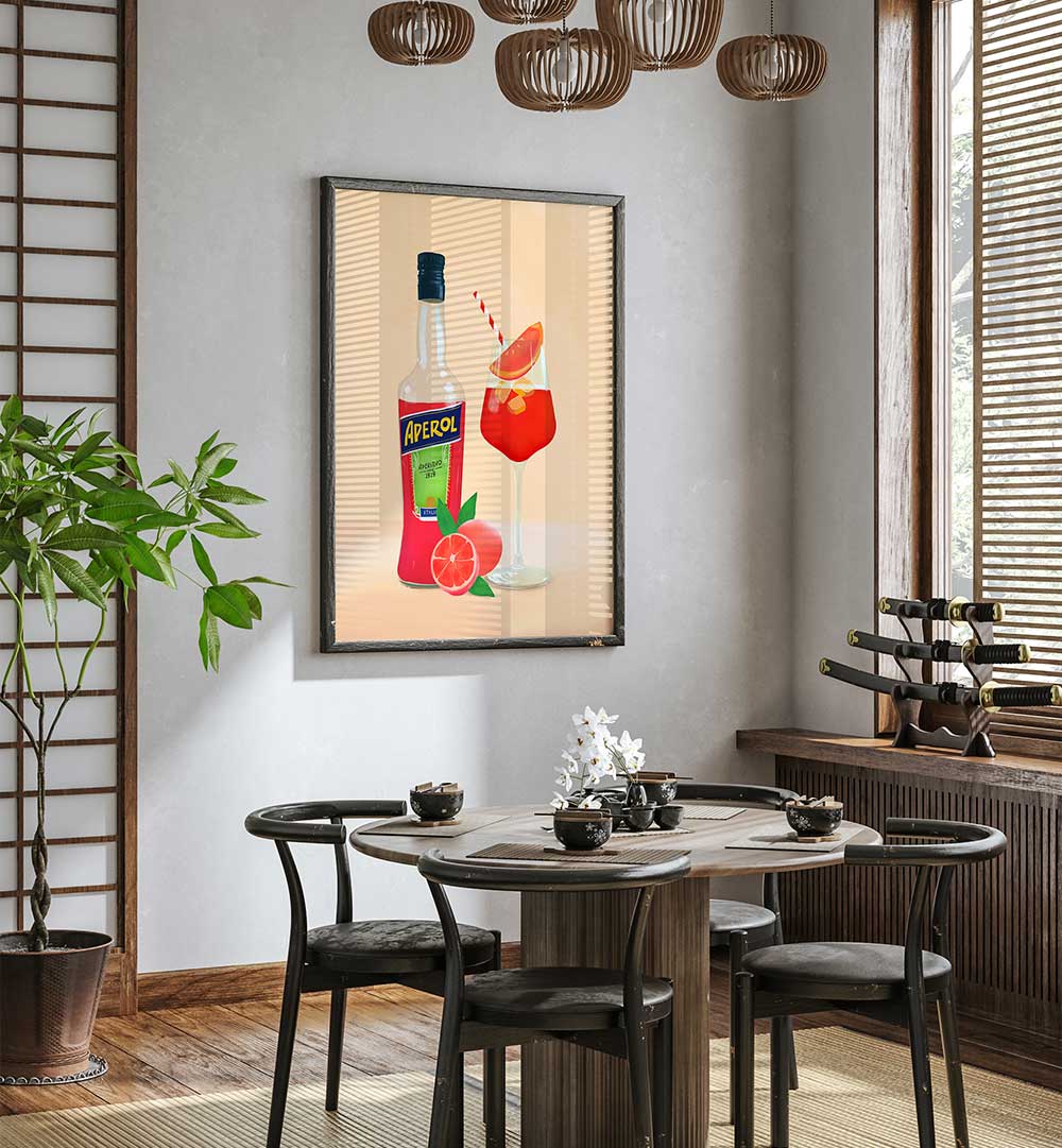 APEROL SPRITZ II , BAR poster art in cafe scene with bottle and glass, stylish cafe decor