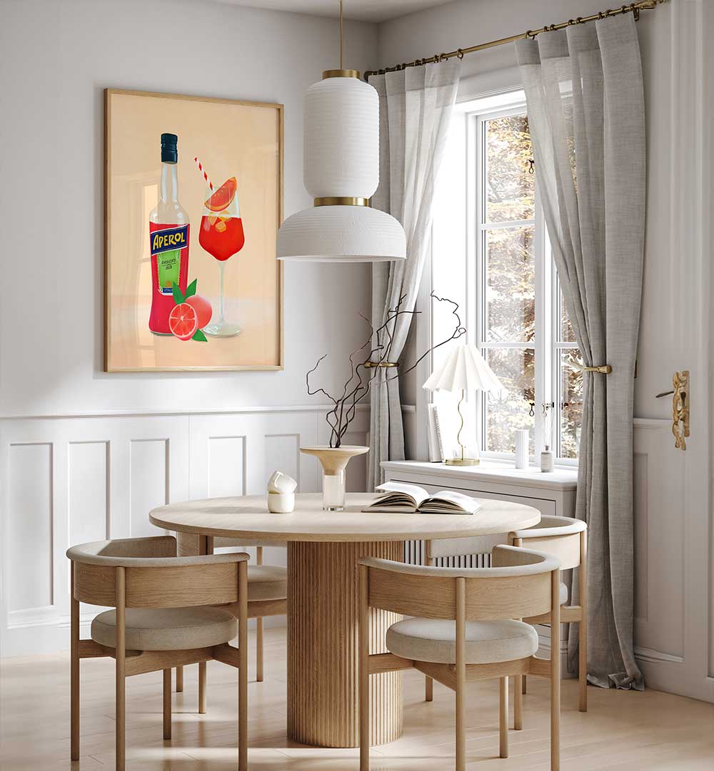 APEROL SPRITZ II , BAR artwork in a bright dining room with a framed bottle poster