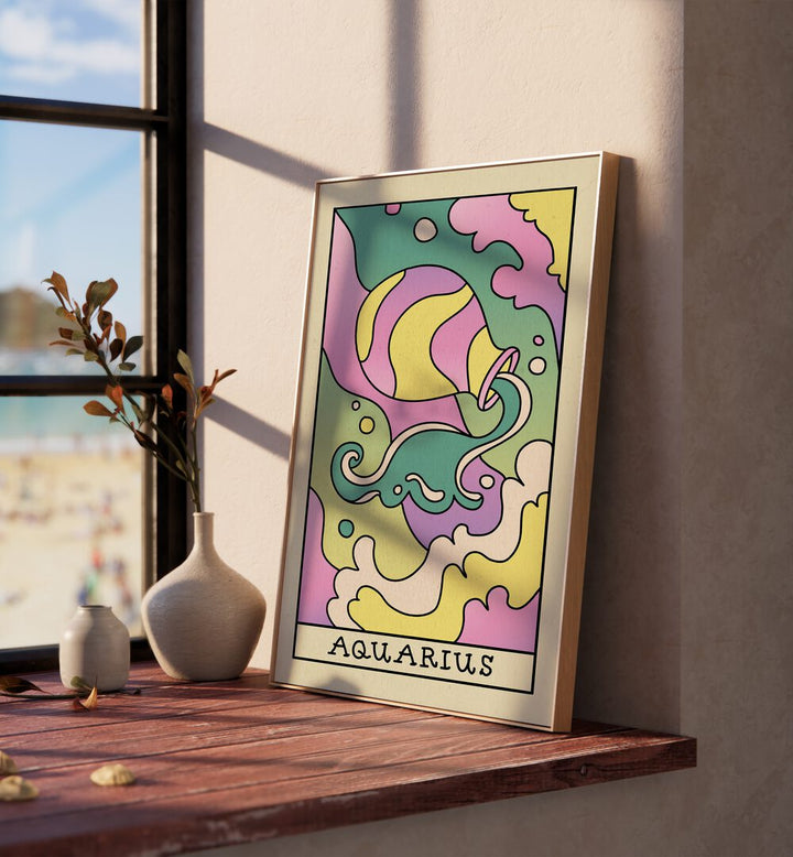 Aquarius Zodiac & Tarot Art Painting Artwork in plain oakwood frame beside a window