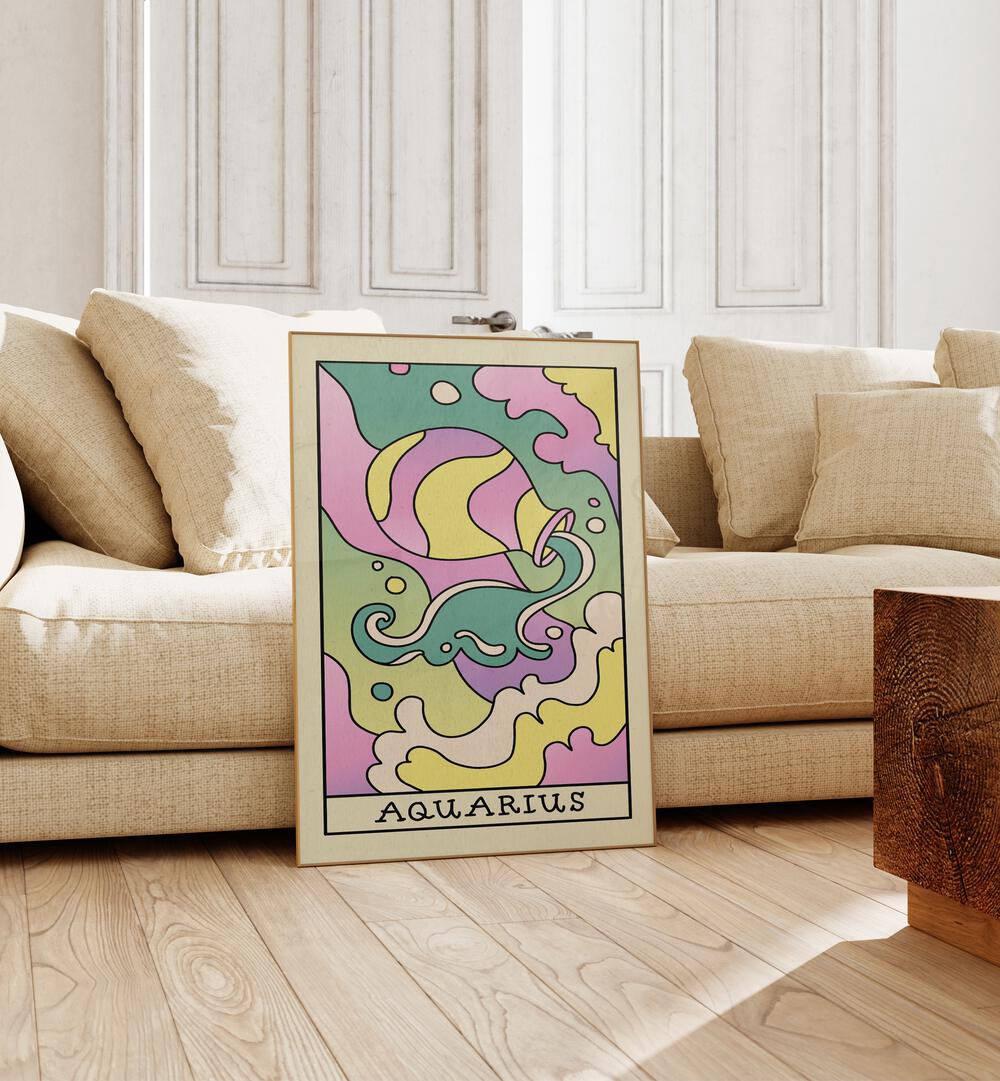 Aquarius Zodiac & Tarot Art Painting Artwork in plain oakwood frame beside a sofa