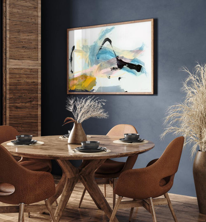 Stylish dining area featuring ARCUS, ABSTRACT PAINTINGS, enhancing modern decor with vibrant colors and creativity.