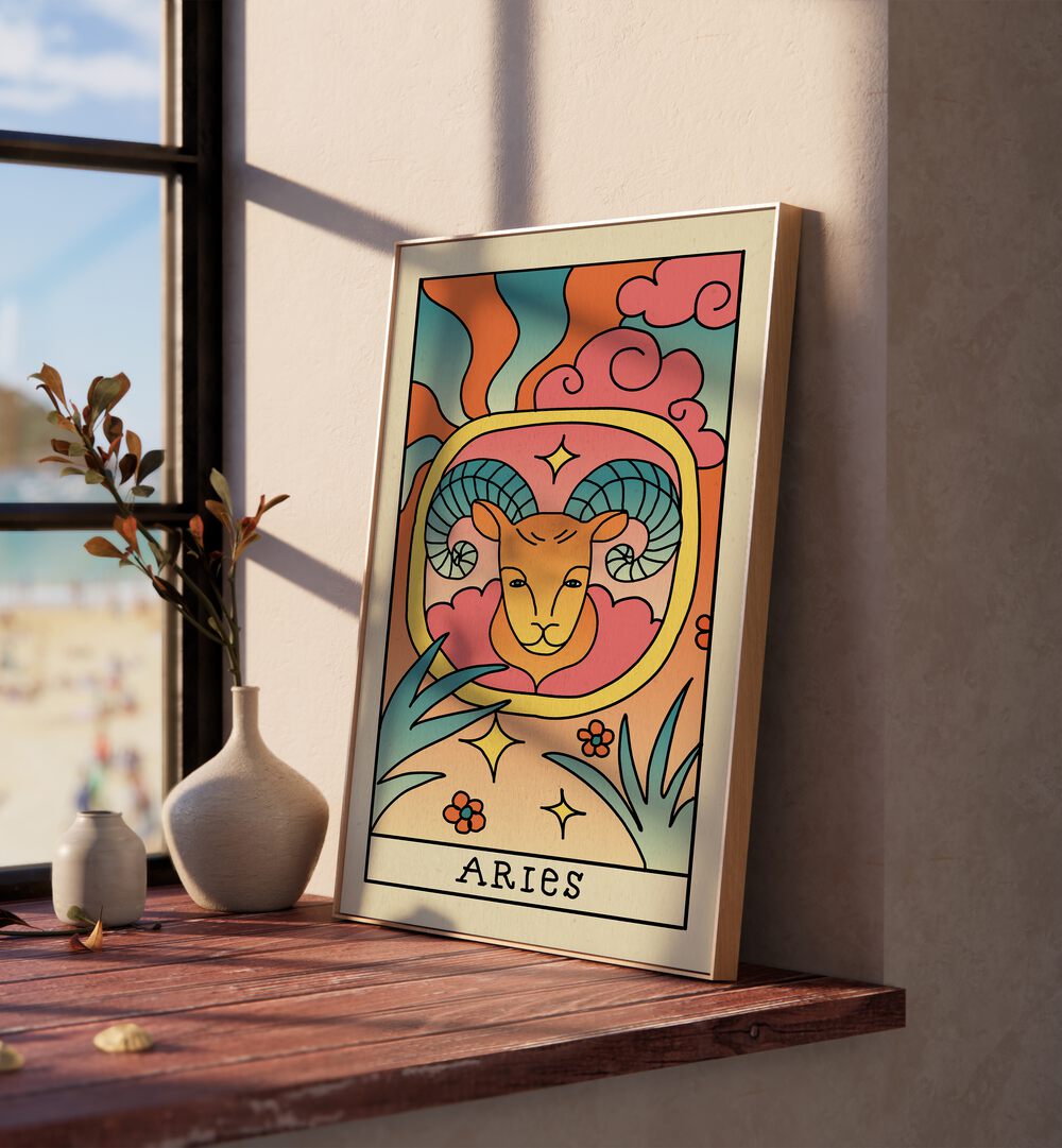 Aries Zodiac & Tarot Art Painting Artwork in oakwood plain frame beside a window