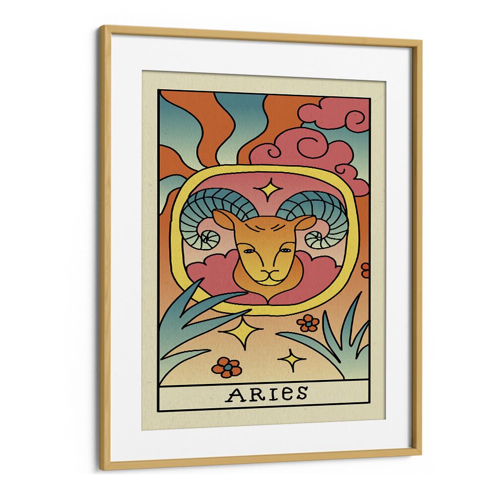 Aries Zodiac & Tarot Art Artwork in Oak Wood Frame With Mount