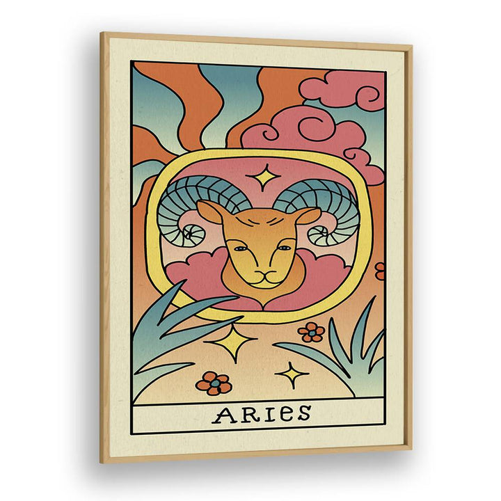 Aries Zodiac & Tarot Art Artwork in Oak Wood Plain Frame