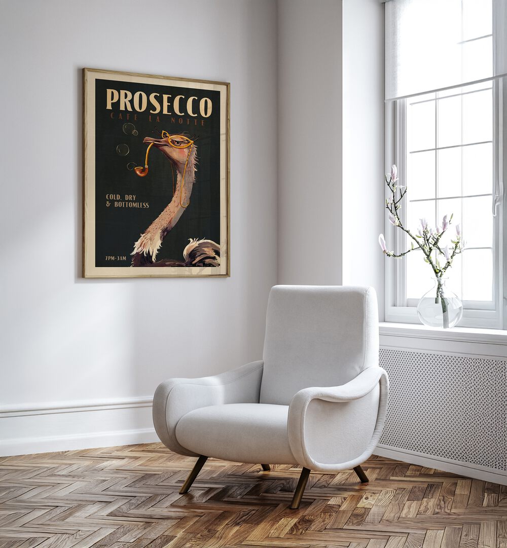 ART DECO PROSECCO WALL ART OF AN OSTRICH , CAFE ART PRINTS , CAFE POSTERS