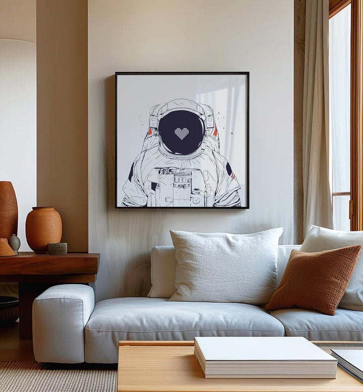 Astronaut Love By Balazs Solti Astronaut & Nasa Paintings, Space Art Prints Artwork in Black Plain Frame placed on a White Colored Wall near a White Sofa in the Living Room


