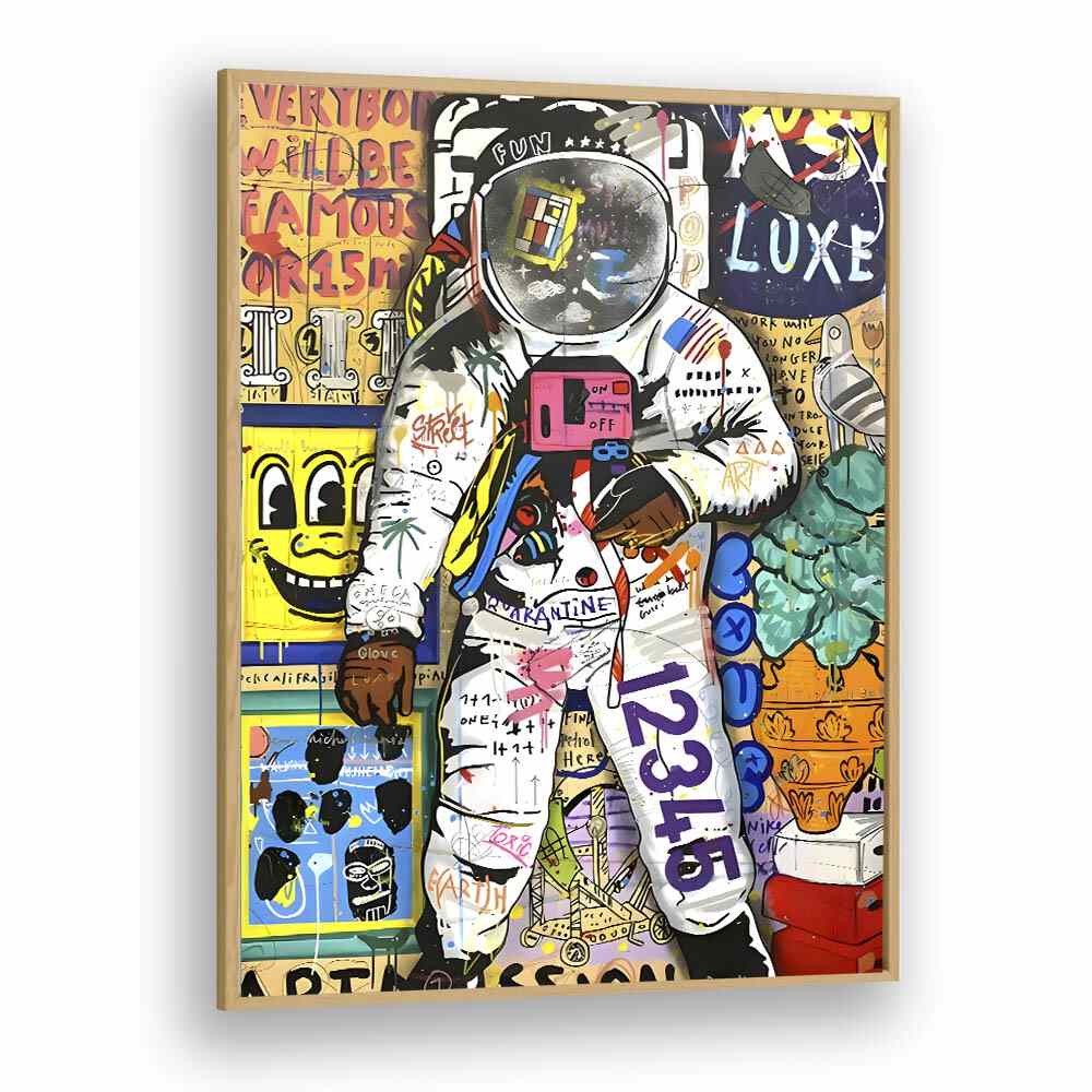 Astronaut X Pop Pop Art Artwork in Oak Wood Plain Frame