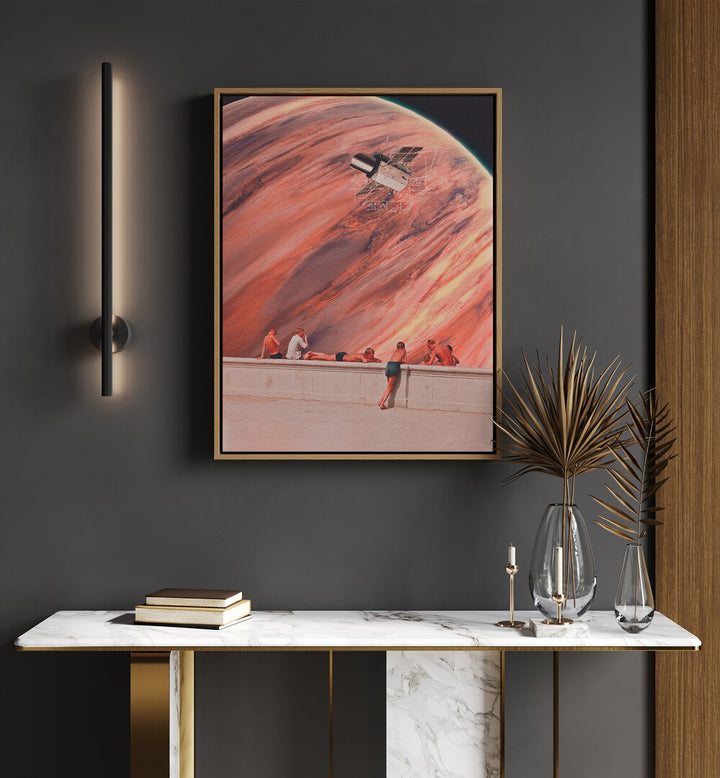 Astronomia Surreal Painting, Surreal Art Artwork in Oak Wood Floater Frame placed on a Dark Grey Wall above a Shelf