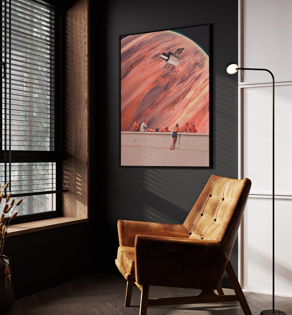 Astronomia Surreal Painting, Surreal Art Artwork in Black Plain Frame placed on a Dark Grey Wall in the Drawing Room