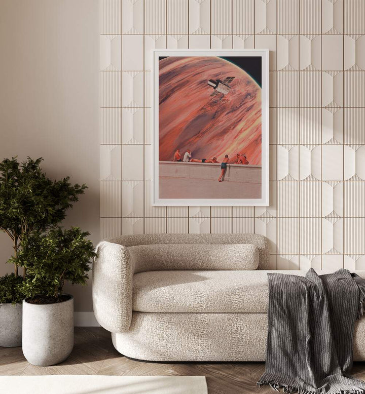 Astronomia Surreal Painting, Surreal Art Artwork in White Frame With Mount placed on a Wall in the Living Room