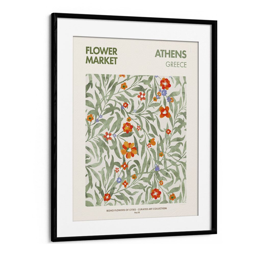 Athens Flower Market   Botanical Flower Paintings Artwork  in Black Frame With Mount