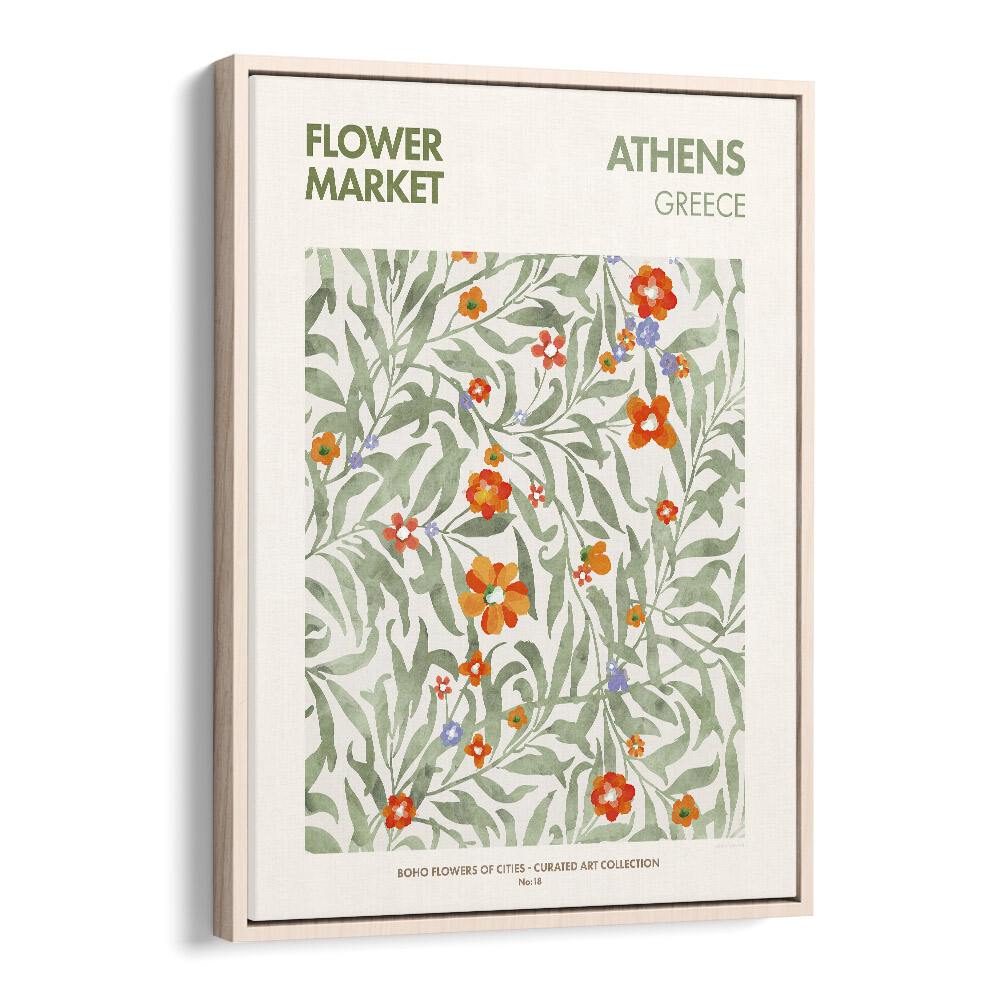 Athens Flower Market   Botanical Flower Paintings Artwork in Oak Wood Floater Frame