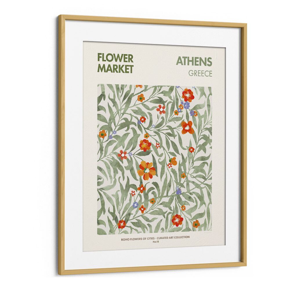 Athens Flower Market  Botanical Flower Paintings Artwork in Oak Wood Frame With Mount