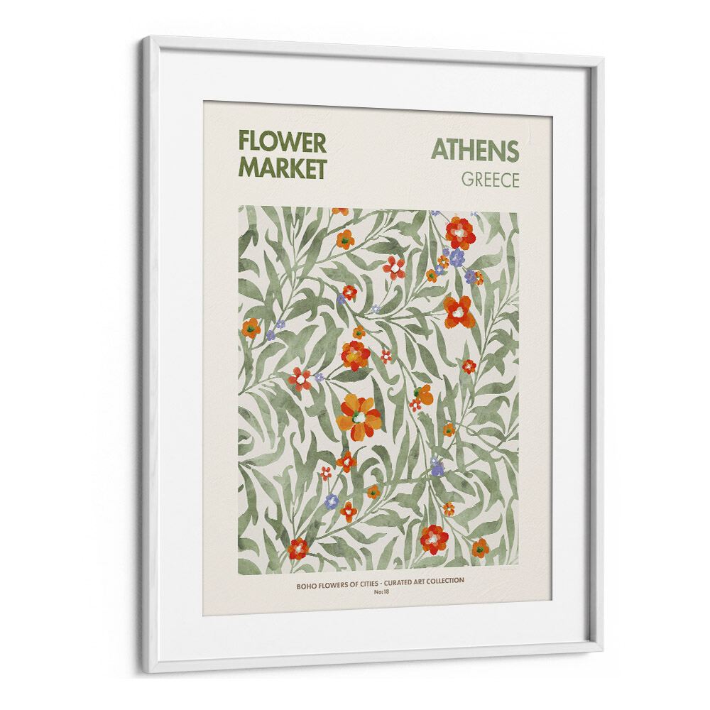 Athens-Flower Market  Botanical Flower Paintings Paintings Artwork  in White frame With Mount