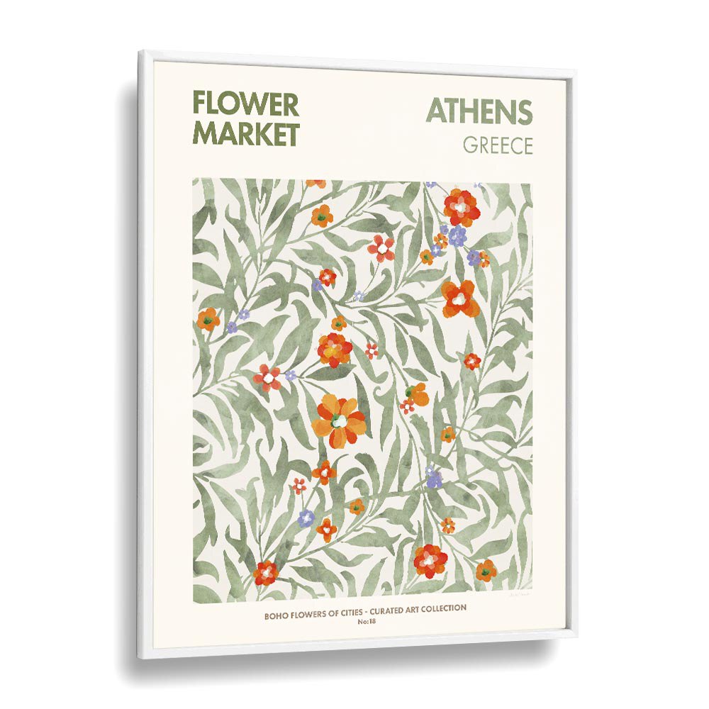 Athens -Flower Market  Botanical Flower Paintings Artwork  in White Plain Frame