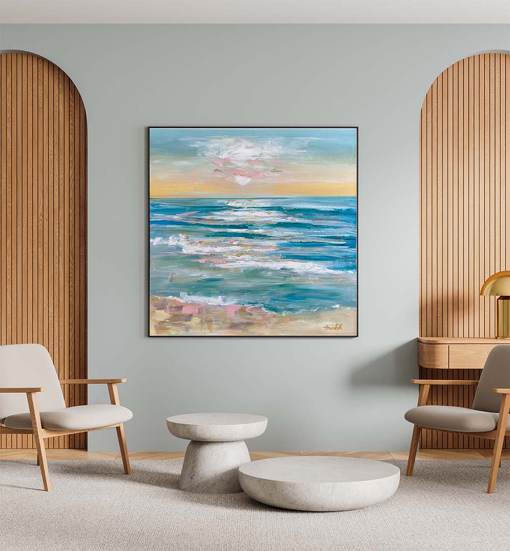 Bright living room featuring "A TRANQUIL OCEAN, BEACH PAINTINGS," capturing serene coastal beauty and vibrant colors.
