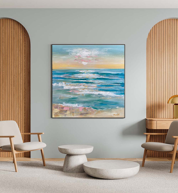 Bright living room featuring "A TRANQUIL OCEAN, BEACH PAINTINGS," capturing serene coastal beauty and vibrant colors.