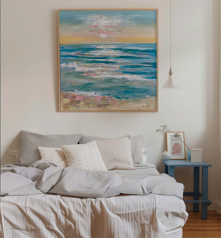 Serene bedroom showcasing "A TRANQUIL OCEAN, BEACH PAINTINGS," perfect for enhancing coastal decor.