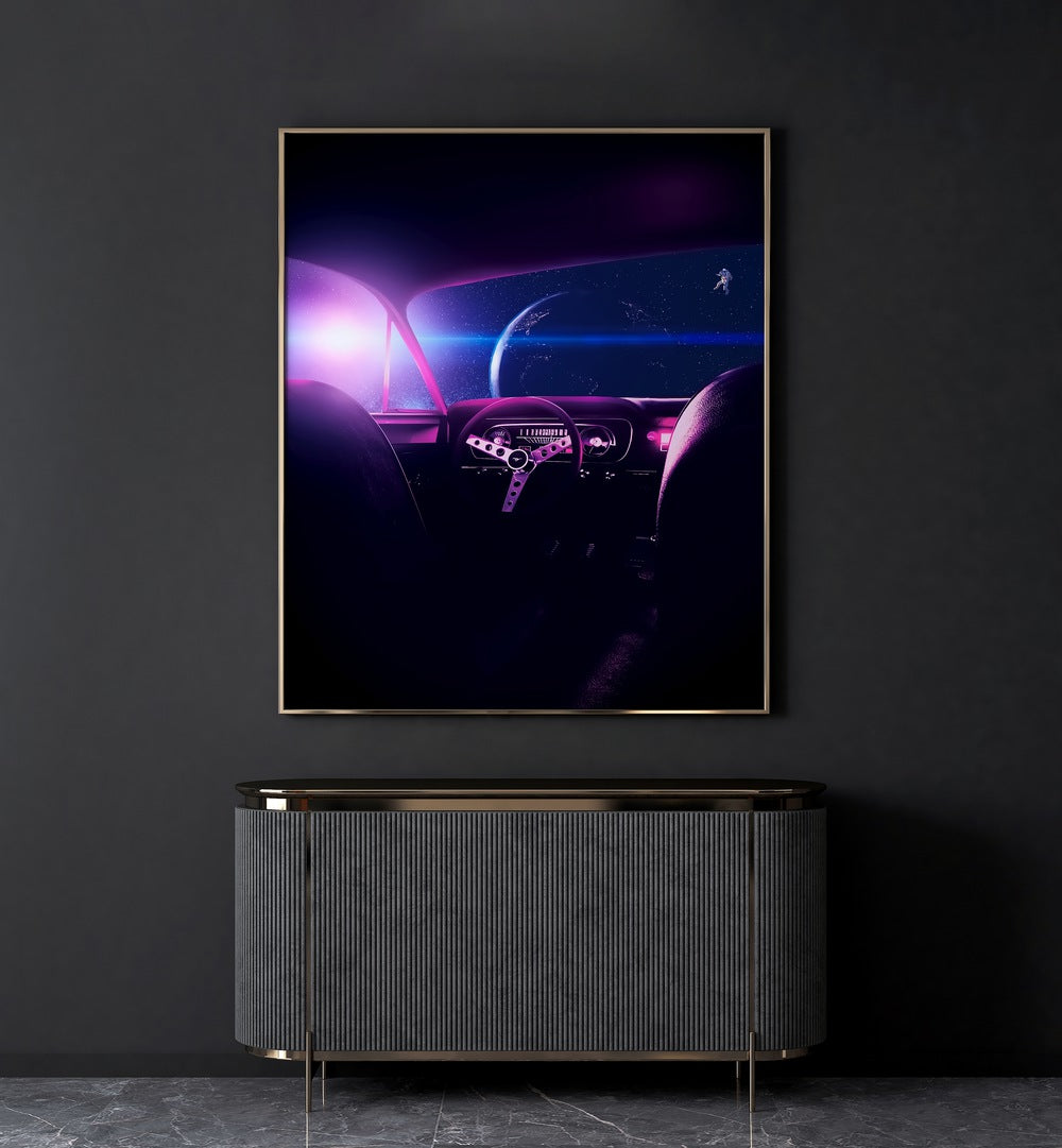 Abandoned By Ritvik Takkar Surreal Art Prints in Gold Plain Frame placed on a Dark Grey Colored Wall above a Console Table in the Drawing Room