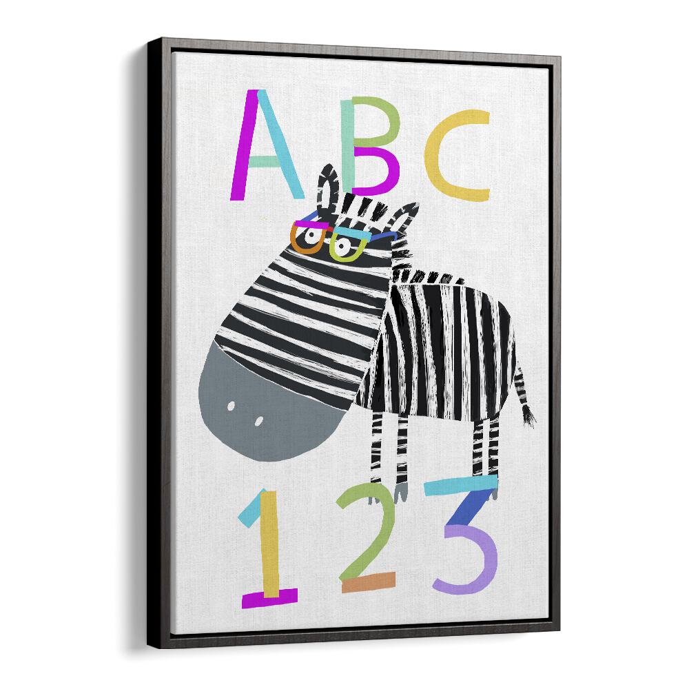 Abc And 123 Letters And Numbers With Zebra By Carla Daly Kids Room Art in Black Floater Frame