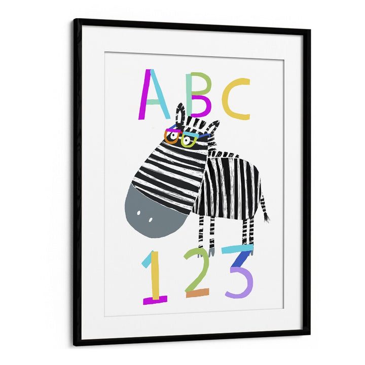 Abc And 123 Letters And Numbers With Zebra By Carla Daly Kids Room Art in Black Frame With Mount