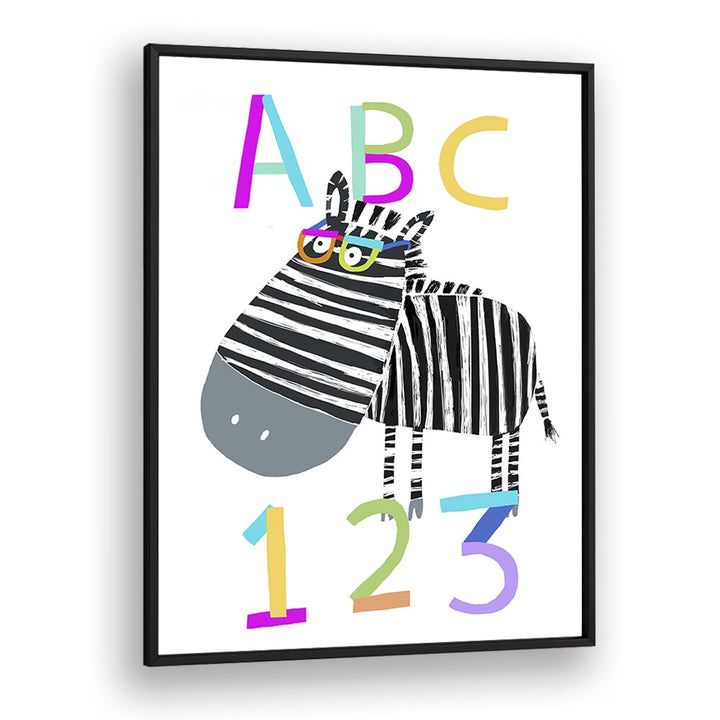 Abc And 123 Letters And Numbers With Zebra By Carla Daly Kids Room Art in Black Plain Frame