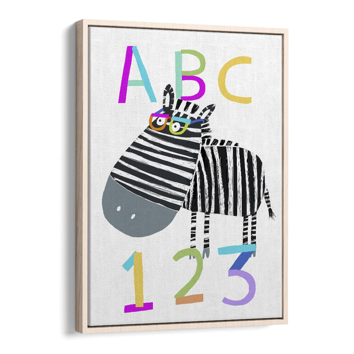 Abc And 123 Letters And Numbers With Zebra By Carla Daly Kids Room Art in Oak Wood Floater Frame