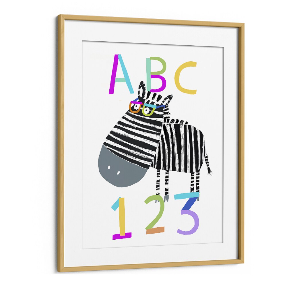 Abc And 123 Letters And Numbers With Zebra By Carla Daly Kids Room Art in Oak Wood Frame With Mount