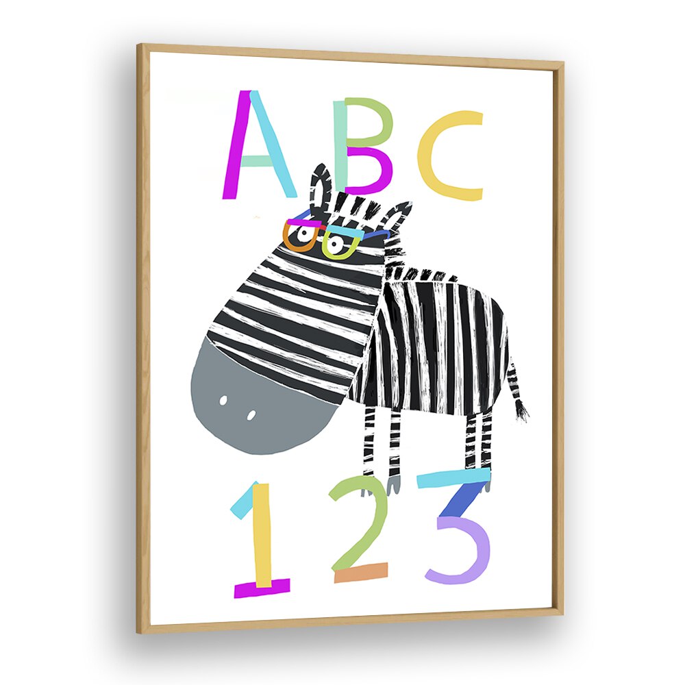 Abc And 123 Letters And Numbers With Zebra By Carla Daly Kids Room Art in Oak Wood Plain Frame