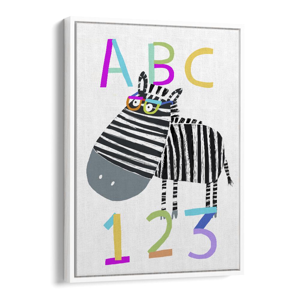 Abc And 123 Letters And Numbers With Zebra By Carla Daly Kids Room Art in White Floater Frame