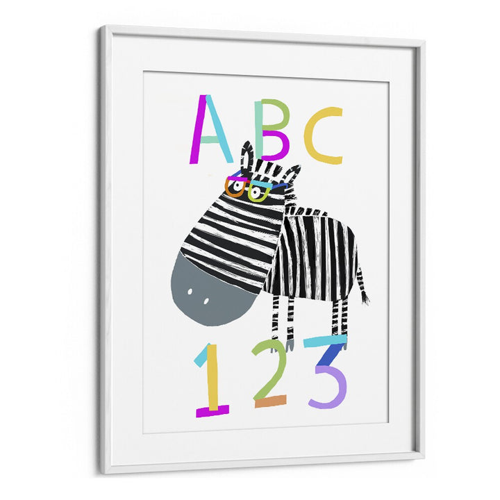 Abc And 123 Letters And Numbers With Zebra By Carla Daly Kids Room Art in White Frame With Mount