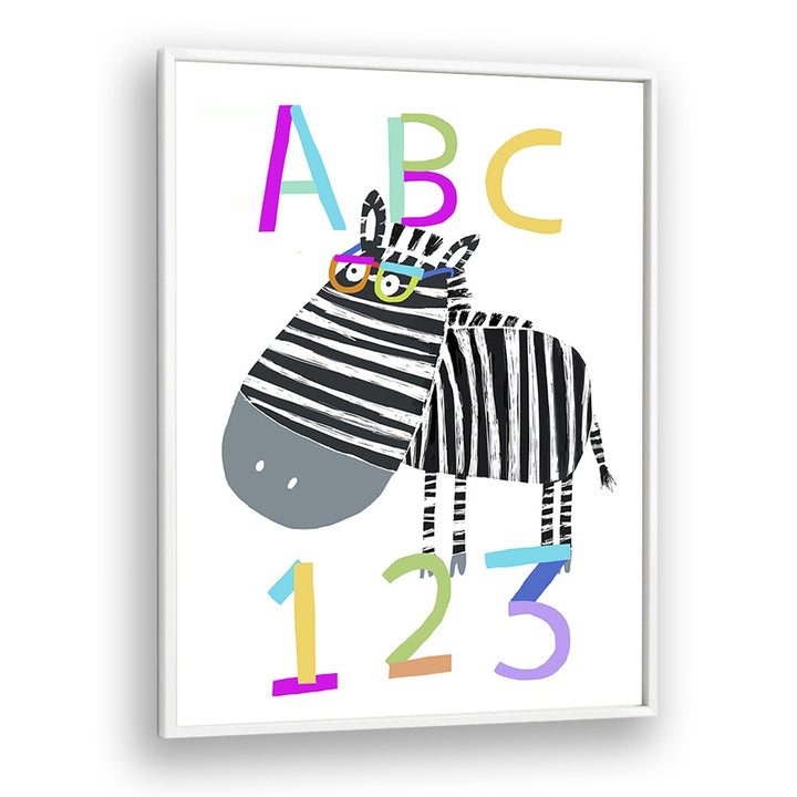 Abc And 123 Letters And Numbers With Zebra By Carla Daly Kids Room Art in White Plain Frame