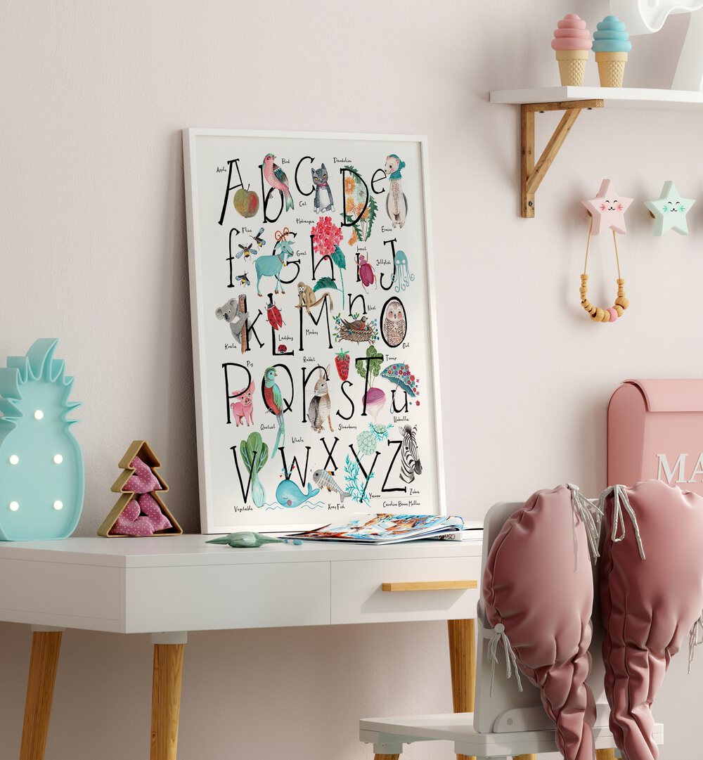 Abc Illustration By Caroline Bonne Muller Kids Room Painting in White Plain Frame on a table for kids room