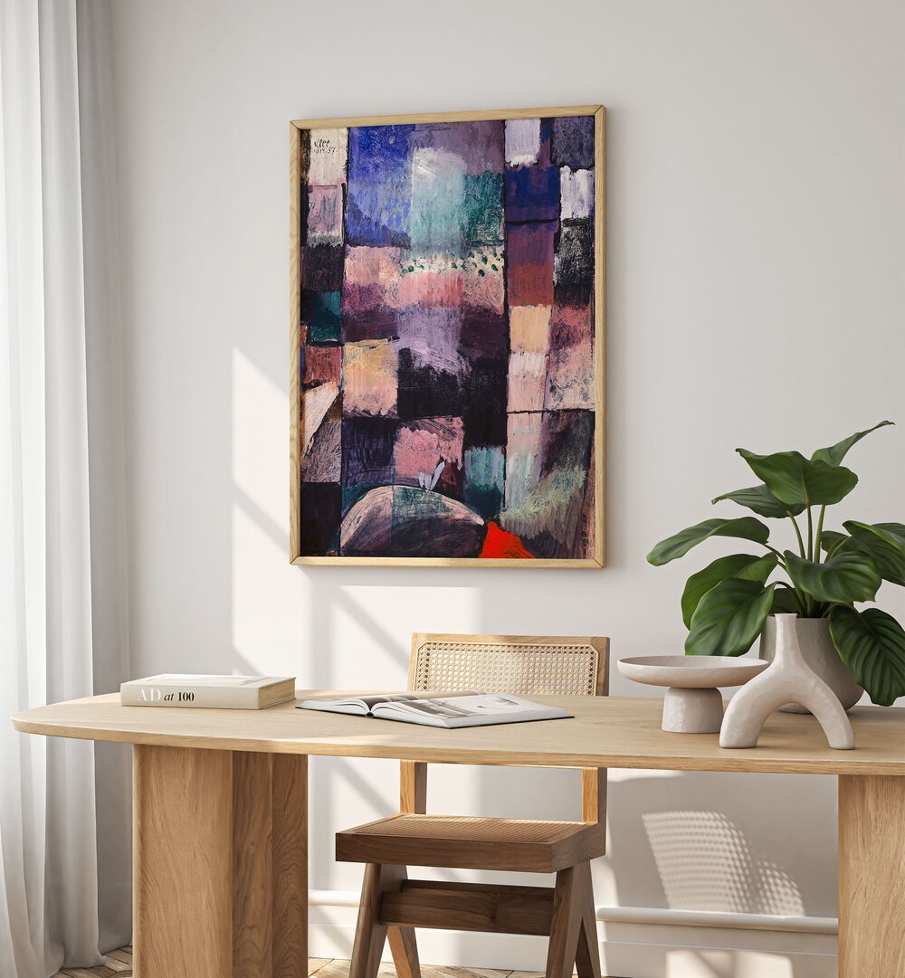 About A Motif From Hammamet 1914 Vintage Paintings in Oak Wood Plain Frame placed on a wall behind a study table