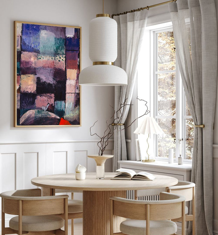 About A Motif From Hammamet 1914 Vintage Paintings in Oak Wood Plain Frame placed on a wall behind a dining table and beside a window for dining area