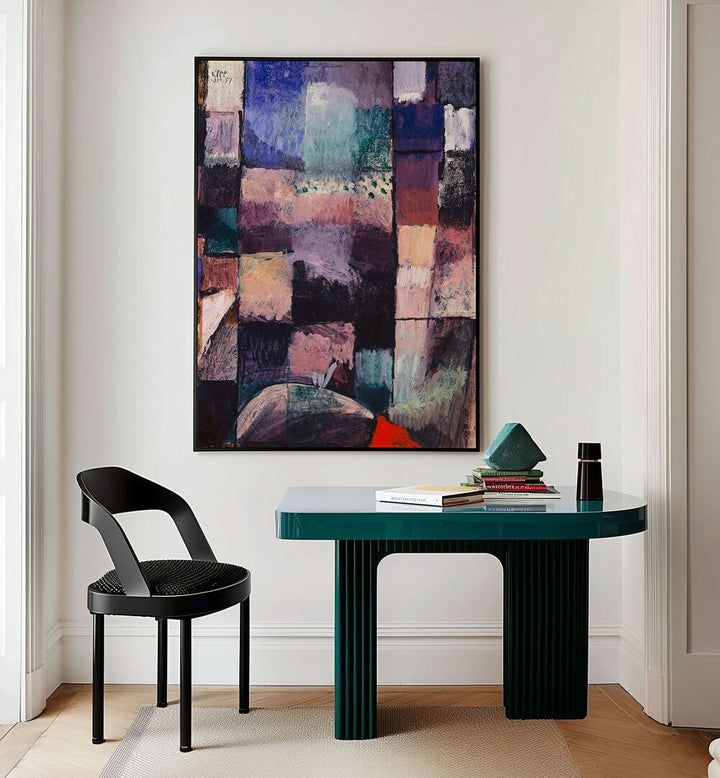 About A Motif From Hammamet 1914 Vintage Paintings in Black Plain Frame placed on a wall behind a study table