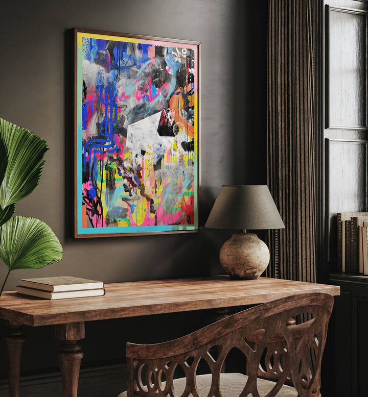 Abstra by Famous When Dead Pop Art Paintings Pop Art Prints in Dark Wood Plain Frame placed on a wall behind a study table 