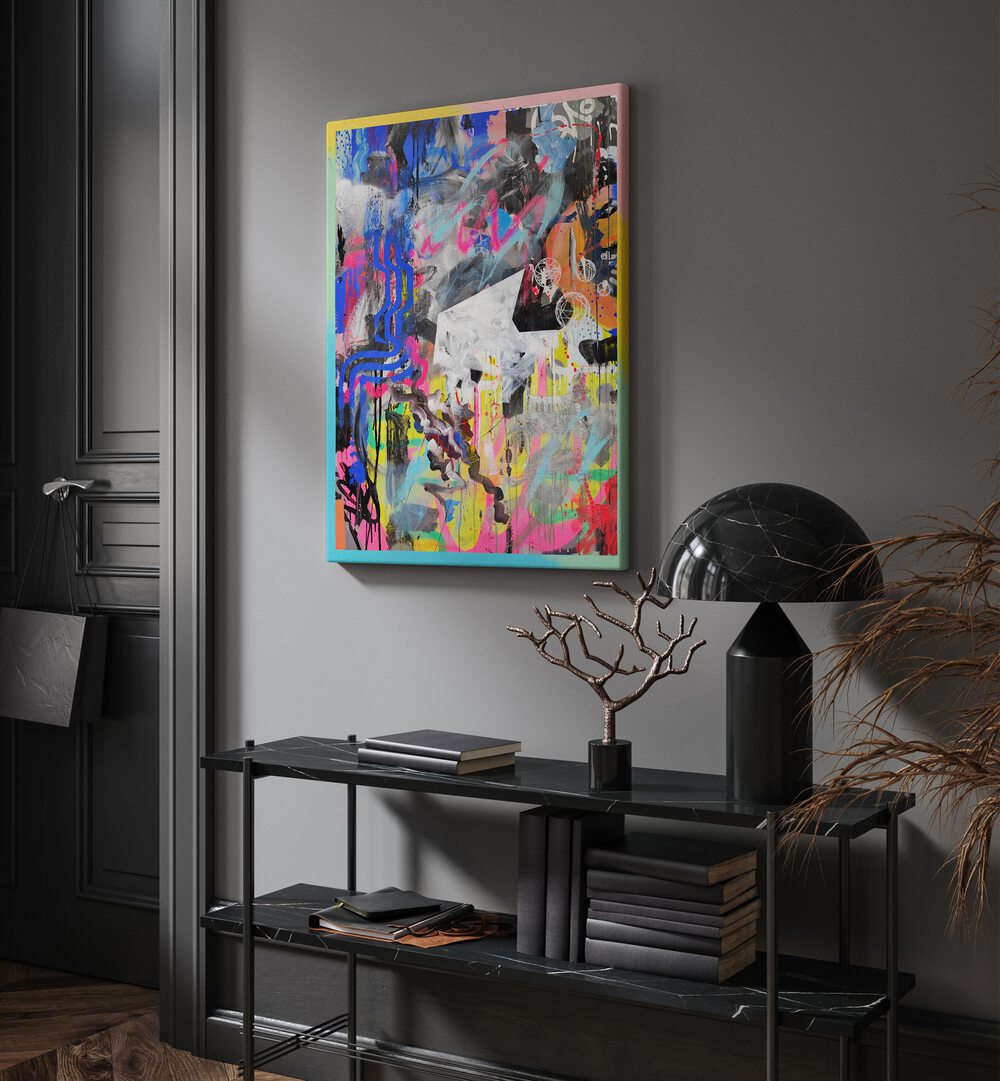 Abstra by Famous When Dead Pop Art Paintings Pop Art Prints in Gallery Wrap placed on a wall behind a table and beside a door