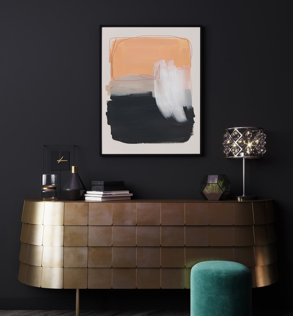 Abstract Autumnal Brush Strokes By Mareike Bohmer Abstract Art Abstract Paintings in Black Plain Frame placed on a Dark Grey Colored Wall above a Console Table in the Living Room