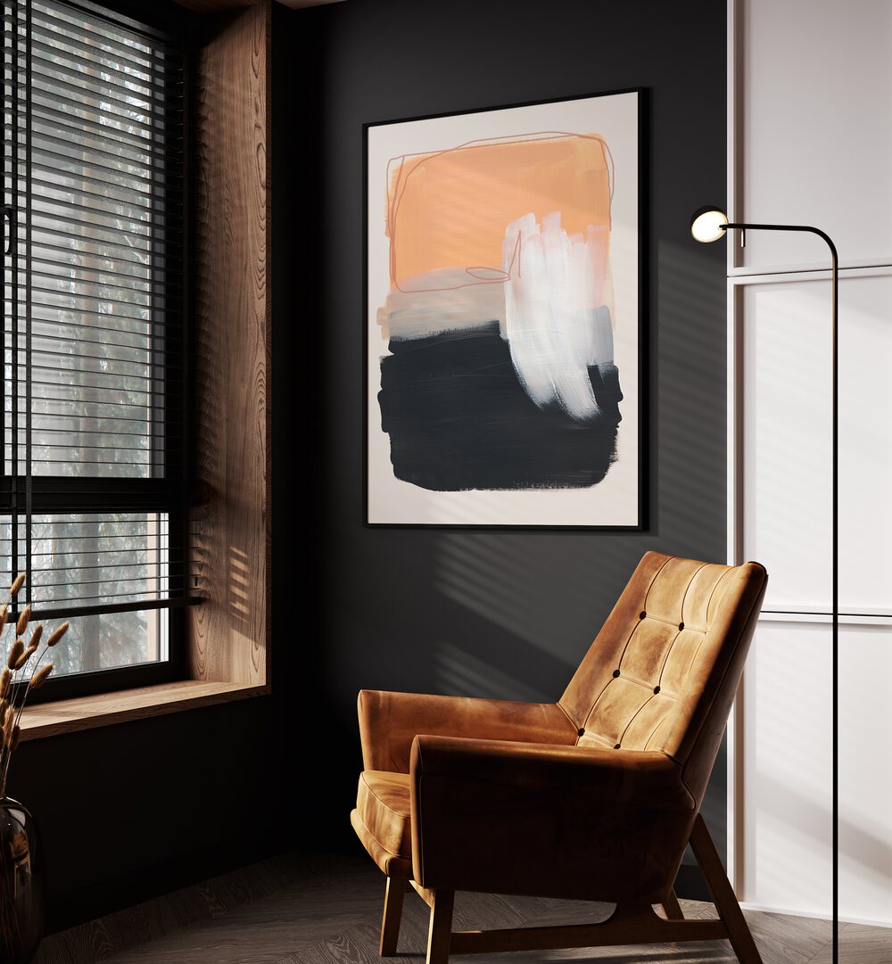 Abstract Autumnal Brush Strokes By Mareike Bohmer Abstract Art Abstract Paintings in Black Plain Frame placed on a Dark Grey Colored Wall in the Drawing Room