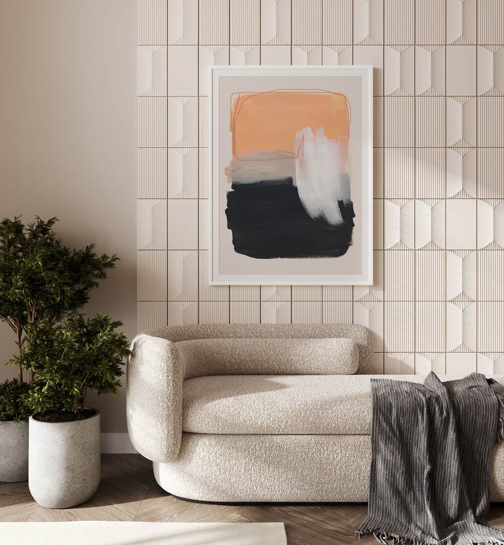 Abstract Autumnal Brush Strokes By Mareike Bohmer Abstract Art Abstract Paintings in White Frame With Mount placed on a Beige Colored Tiled Wall near a Beige Sofa in the Living Room