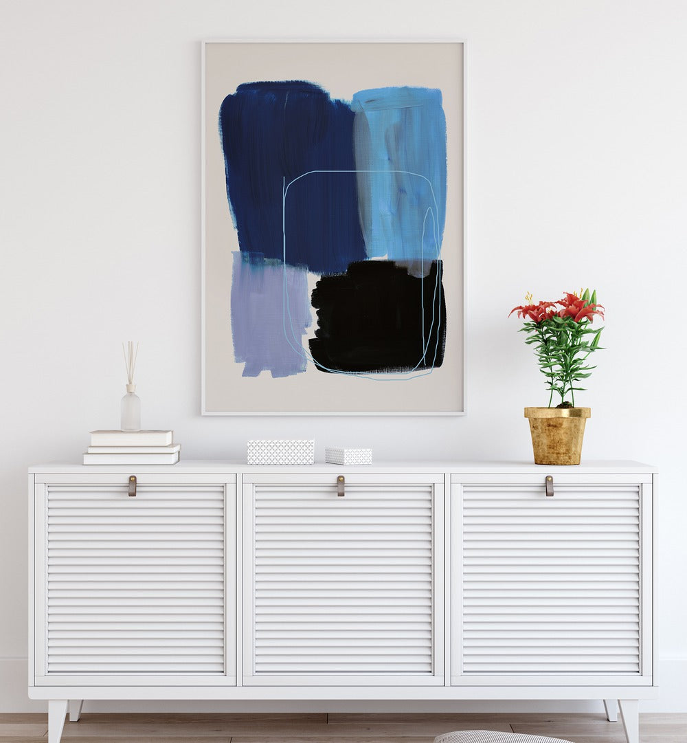 Abstract Blue Essence By Mareike Bohmer Abstract Art Abstract Paintings in White Plain Frame placed on a White Colored Wall above a Console Table