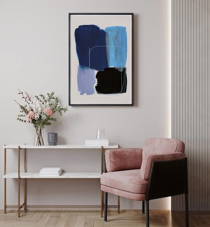 Abstract Blue Essence By Mareike Bohmer Abstract Art Abstract Paintings in Black Plain Frame placed on a Cream Colored Wall above a Console Table in the Drawing Room