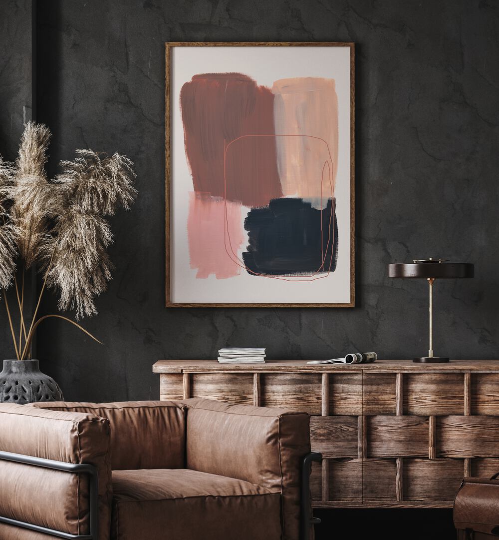 Abstract Brown & Black Brush Strokes By Mareike Bohmer Abstract Art Abstract Paintings in Oak Wood Plain Frame placed on a Dark Grey Colored Wall above a Console Table in the Living Room