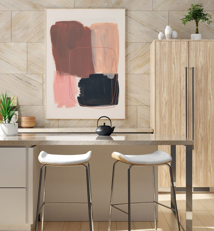 Abstract Brown Black Brush Strokes By Mareike Bohmer Abstract Art Abstract Paintings in Oak Wood Plain Frame placed on a Beige Colored Tiled Wall in the Kitchen