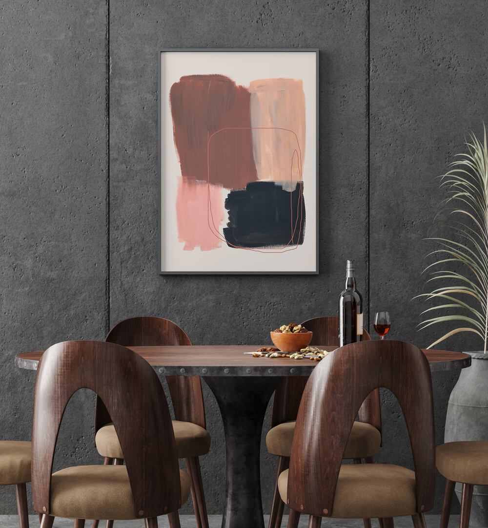 Abstract Brown Black Brush Strokes By Mareike Bohmer Abstract Art Abstract Paintings in Black Plain Frame placed on a Dark Grey Colored Wall near a Dining Table in the Dining Room