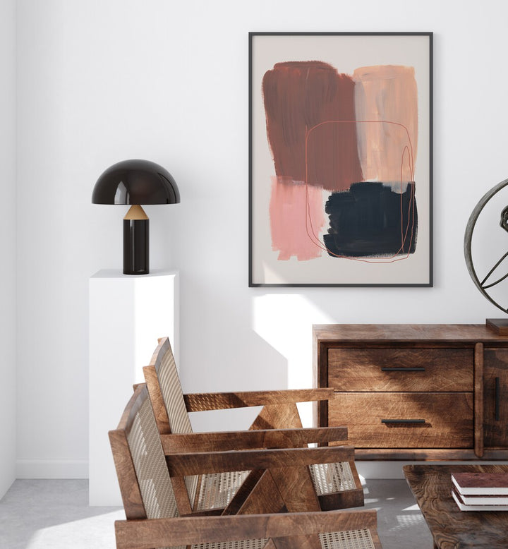 Abstract Brown Black Brush Strokes By Mareike Bohmer Abstract Art Abstract Paintings in Black Plain Frame placed on a White Colored Wall in the Living Room