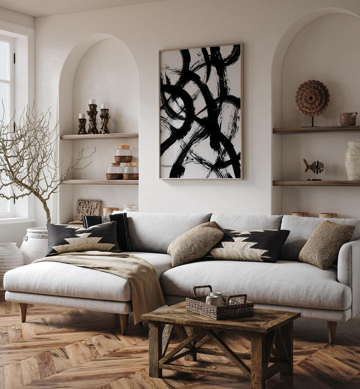 Abstract Brush B&w Strokes By Mareike Bohmer Abstract Art Abstract Paintings in Oak Wood Plain Frame placed on a White  Colored Wall near a Grey Sofa in the Living Room